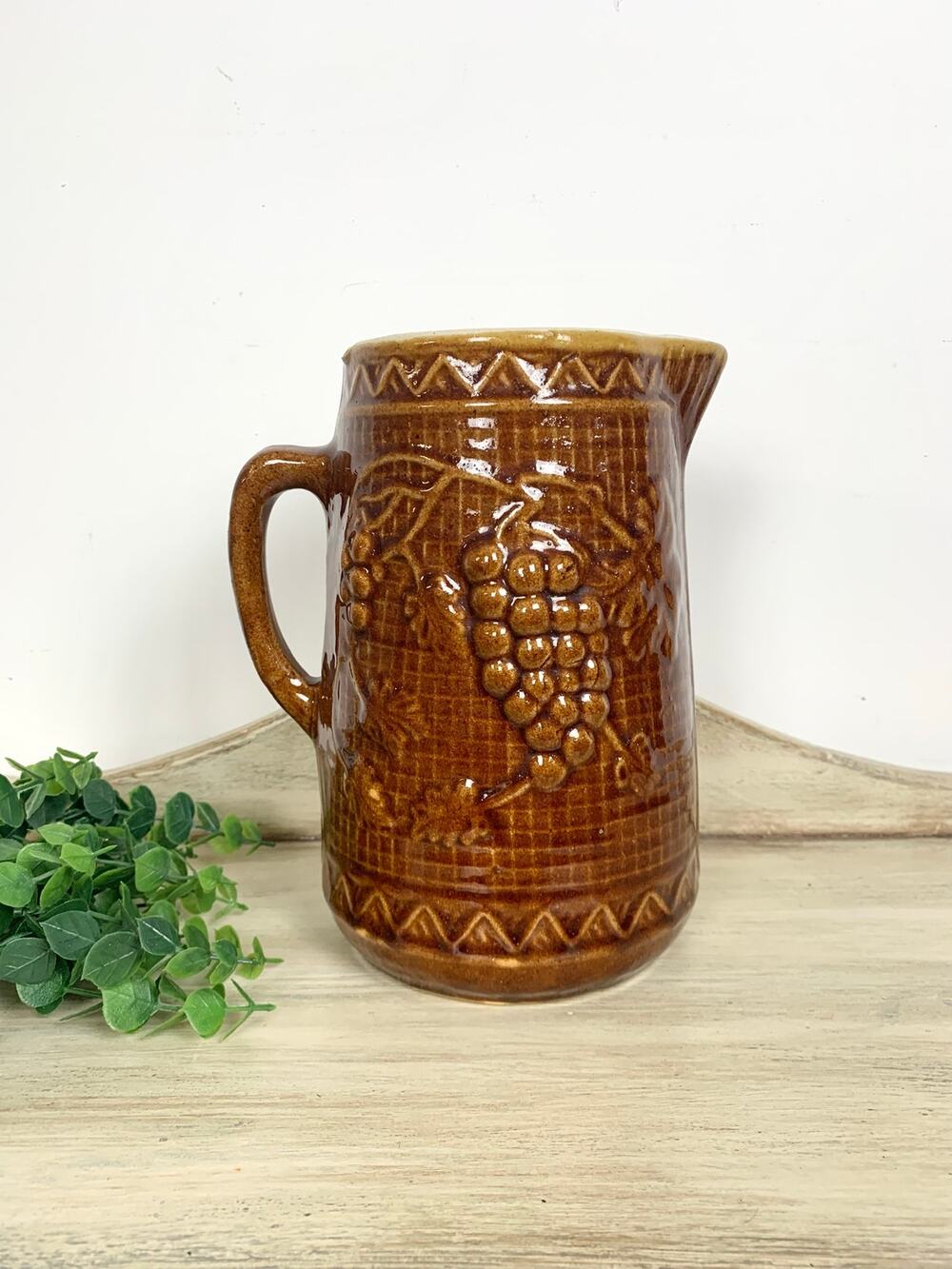 Antique North Star Stoneware Pitcher Brown Glaze Jug Vase Rustic Cottagecore